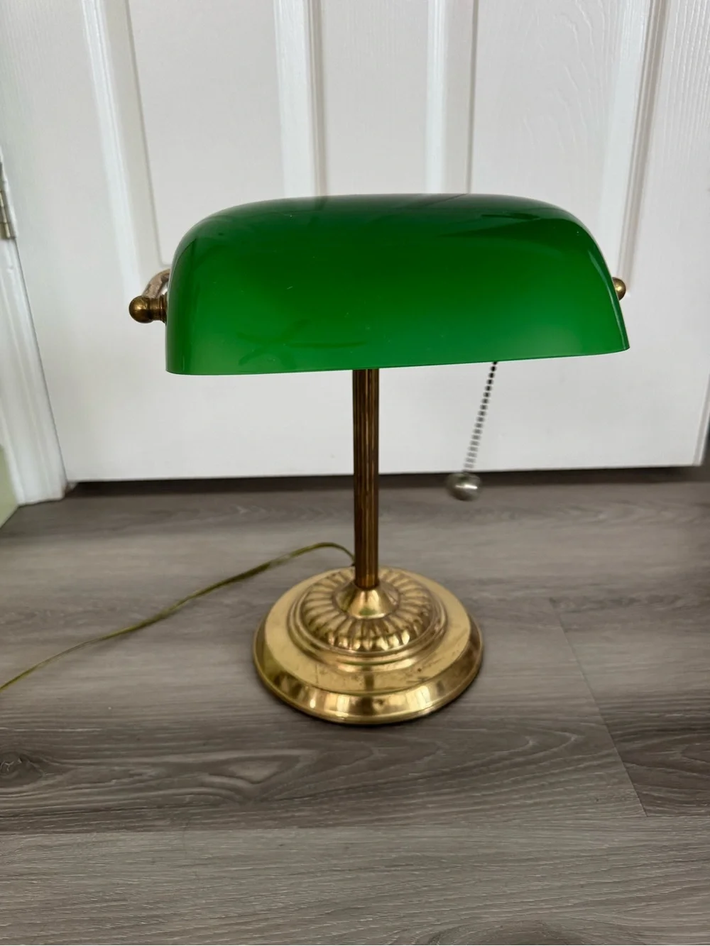 Vintage Green Glass Banker Lamp with Brass Base
